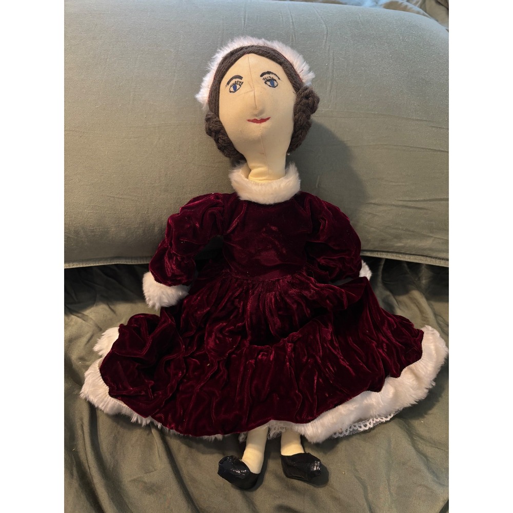 Vintage Handmade Victorian Doll Burgundy Velvet Faux Fur Dress Folk Art 18 Inch